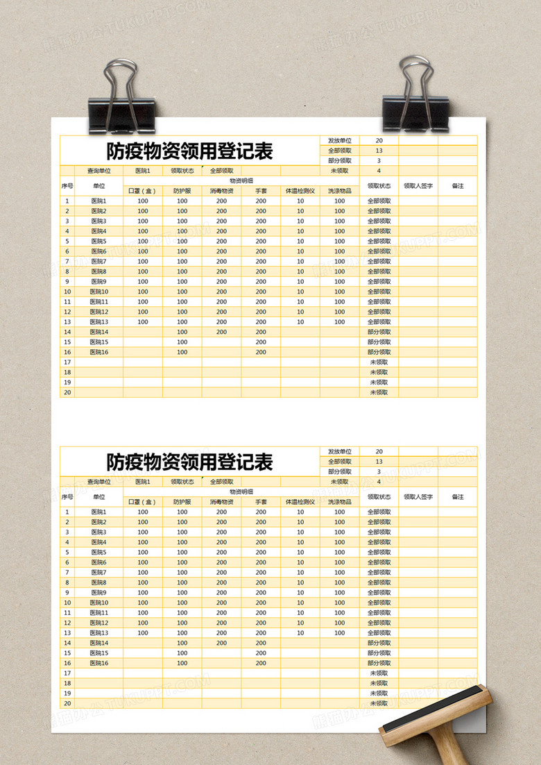 橙色简约防疫物资领用登记表excel模版no.2