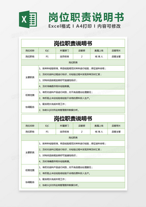 绿色简约IQC岗位职责说明书excel模版
