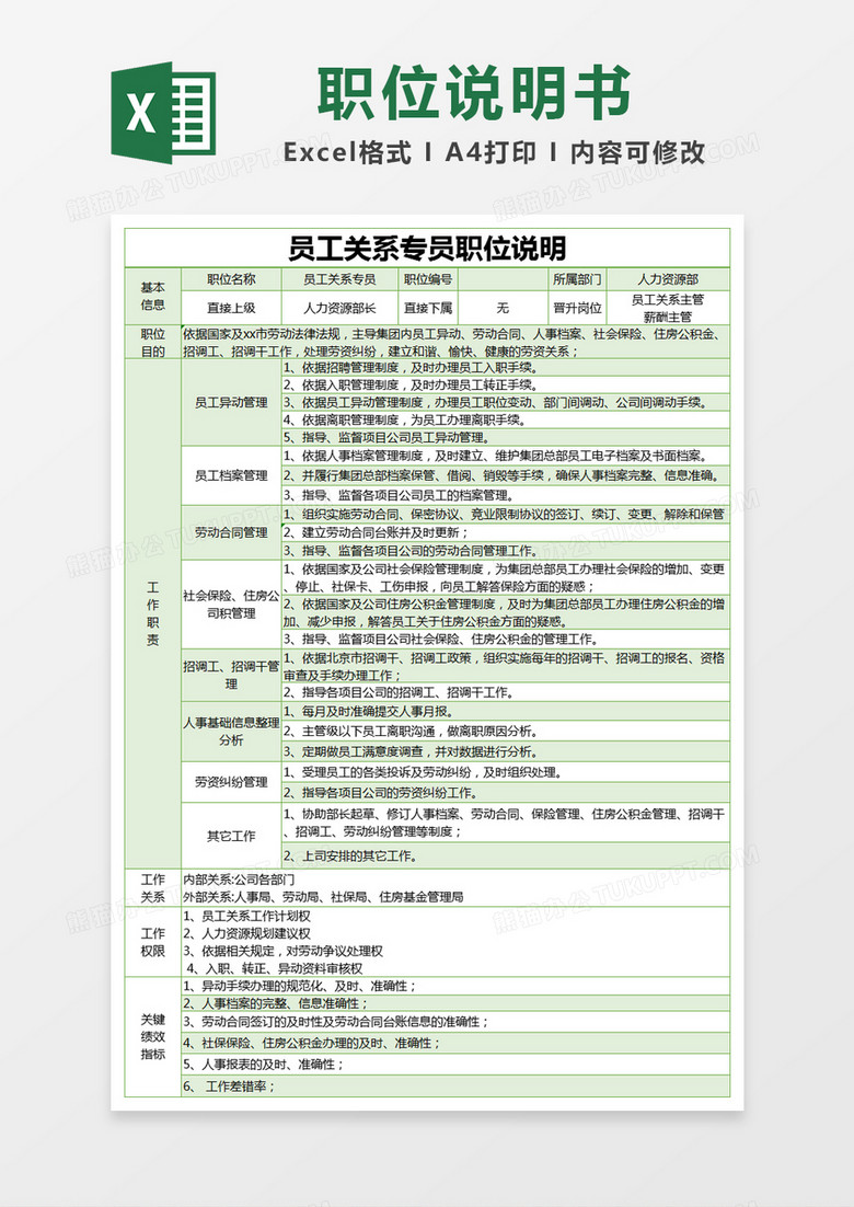 绿色简约员工关系专员职位说明excel模版