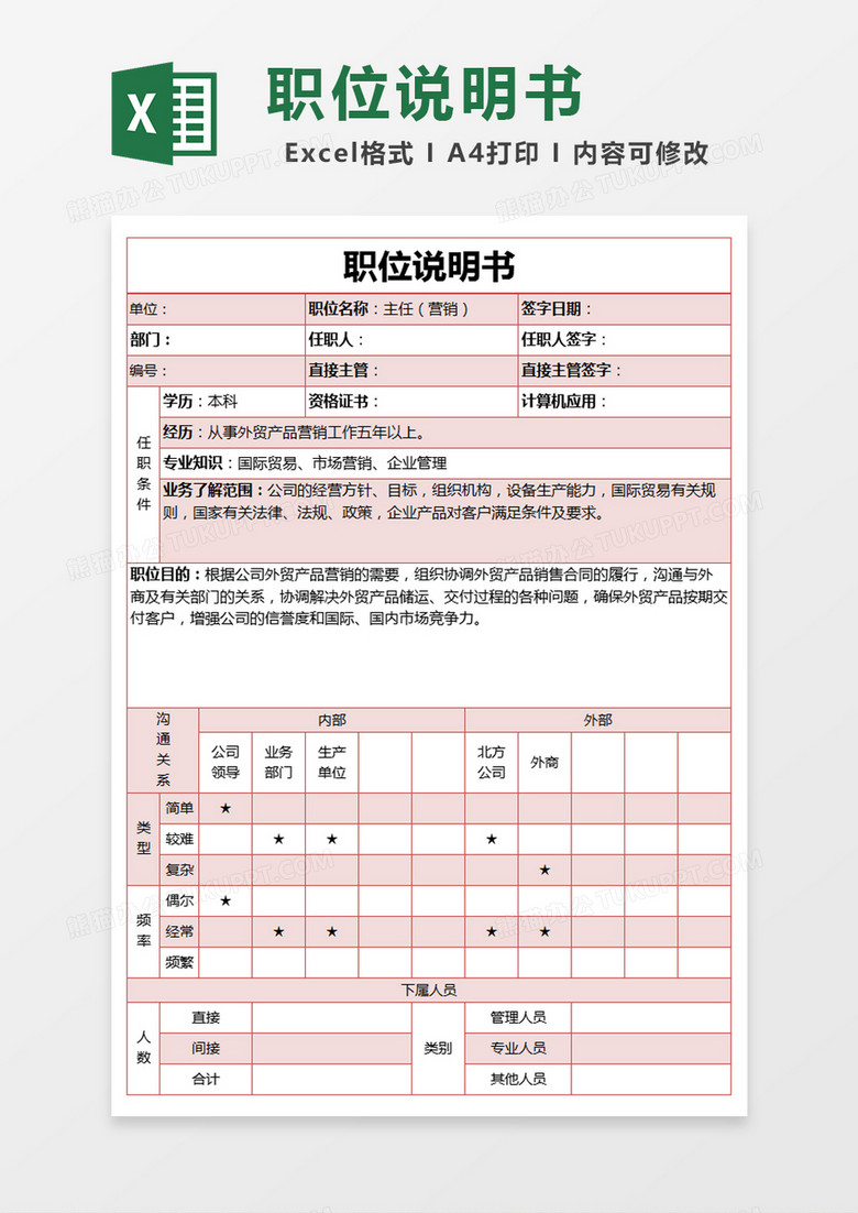 简约营销主任职位说明书excel模版