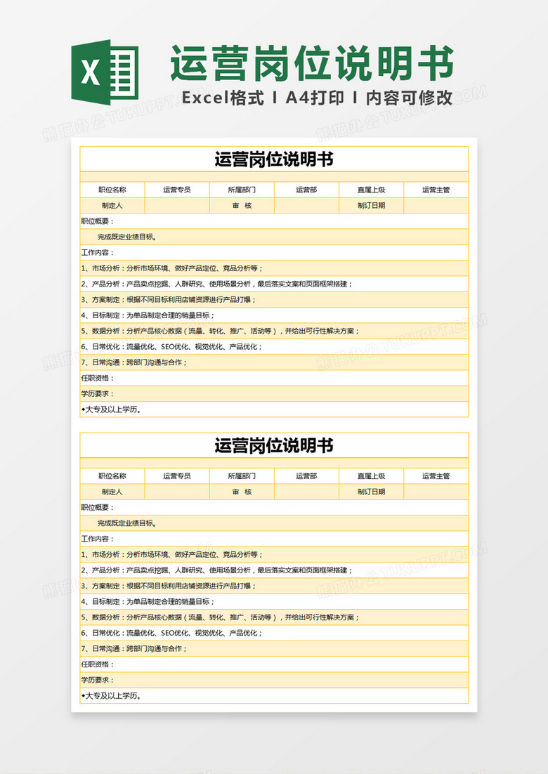 黄色简约运营岗位说明书excel模版