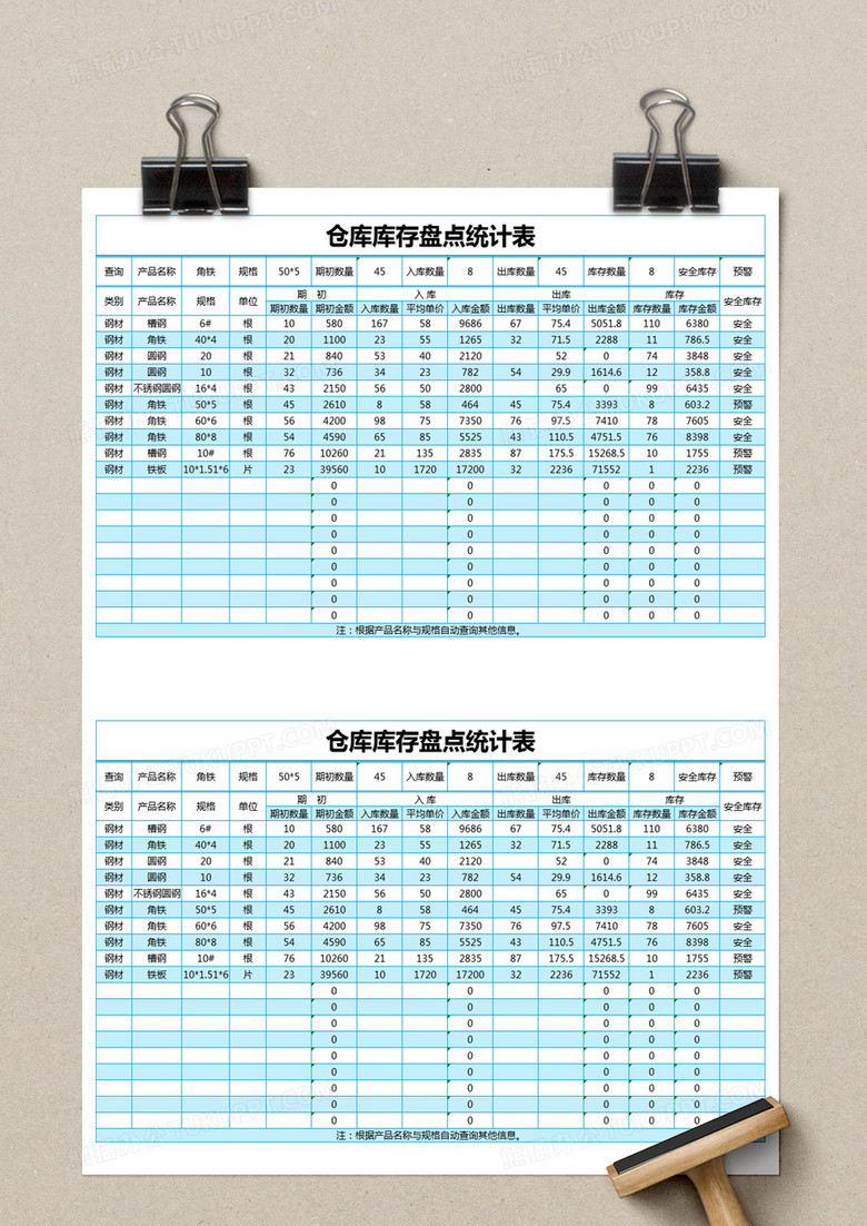 藍色簡約倉庫庫存盤點統計表excel模版