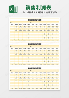 黄色简约电商运营销售利润表excel模版