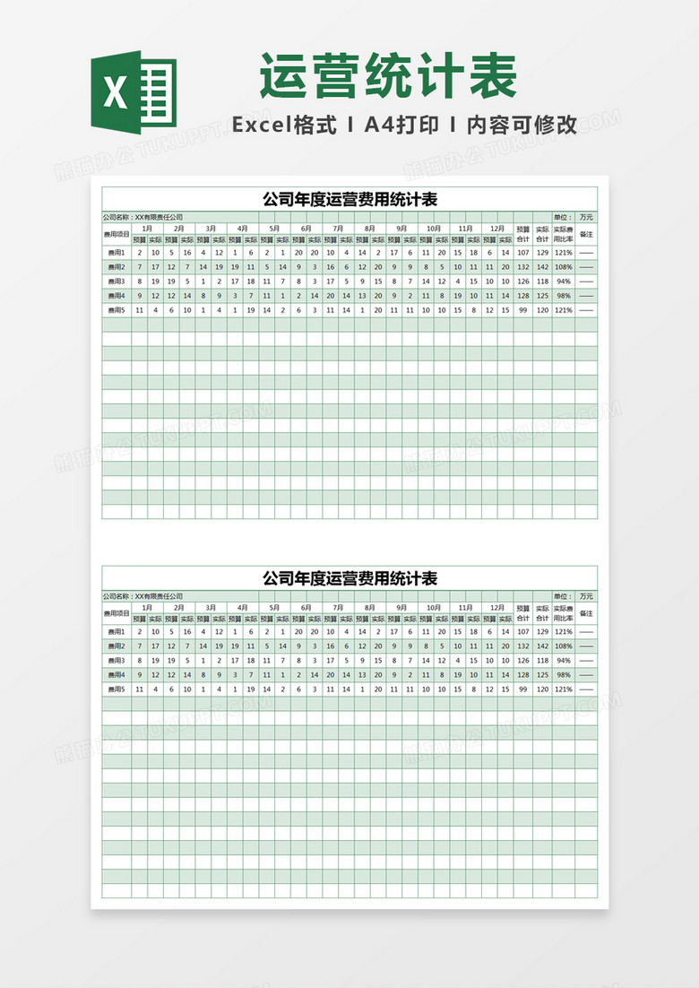 绿色简约公司年度运营费用统计表excel模版