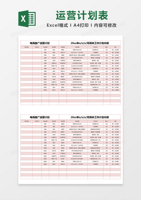 红色简约电商推广运营计划excel模版