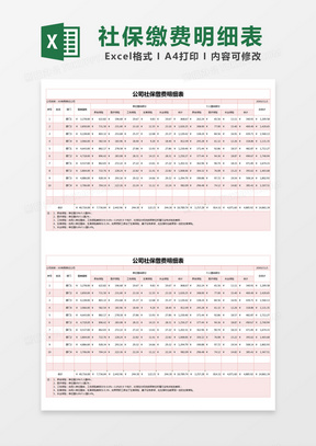 红色简约公司社保缴费明细表excel模版 