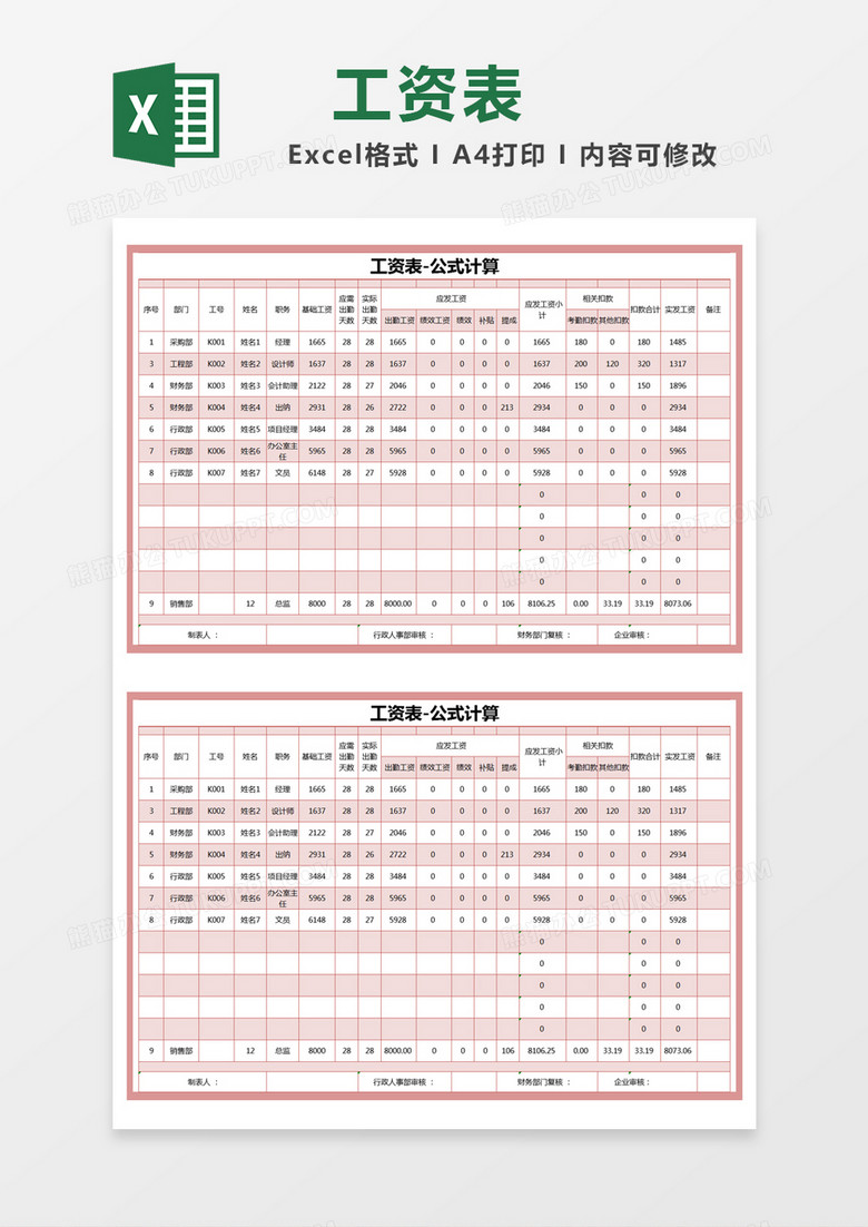 红色简约部门工资表excel模版