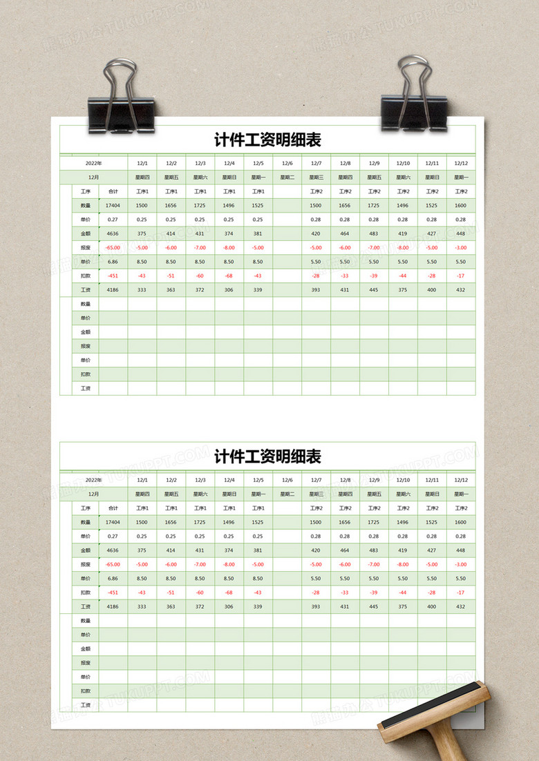 绿色简约计件工资明细表excel模版