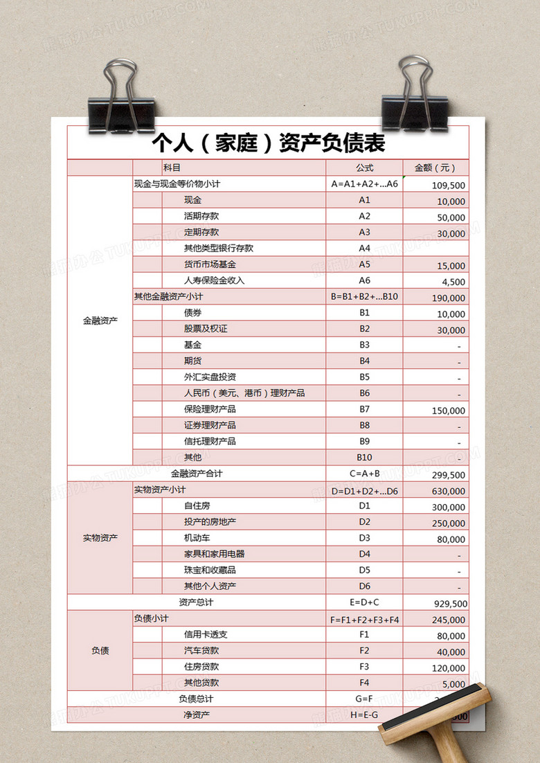 红色简约个人(家庭)资产负债表excel模版