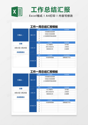 蓝色简约工作一周总结汇报模板excel模版