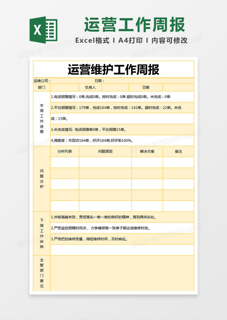 黄色简约运营维护工作周报excel模版