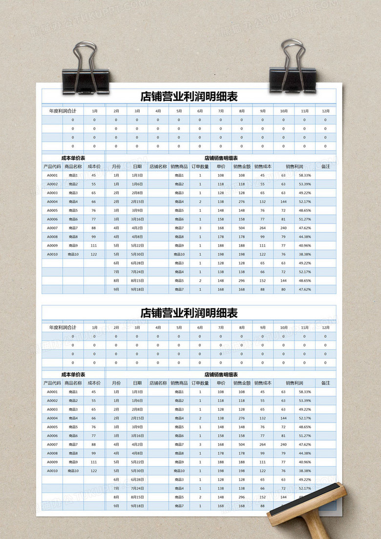 蓝色简约店铺营业利润明细表模版excel模板下载_熊猫办公