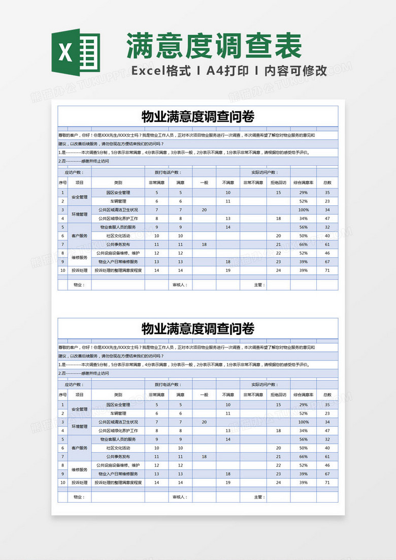 蓝色简约物业满意度调查问卷excel模版