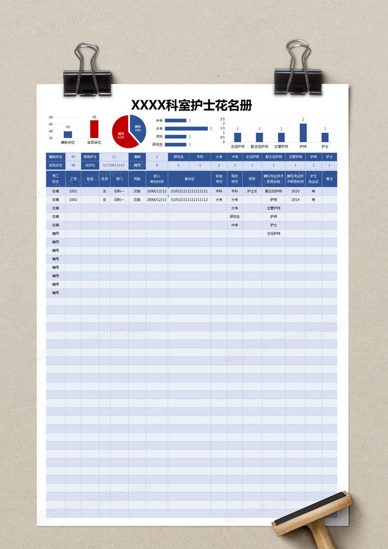 蓝色简约科室护士花名册excel模版