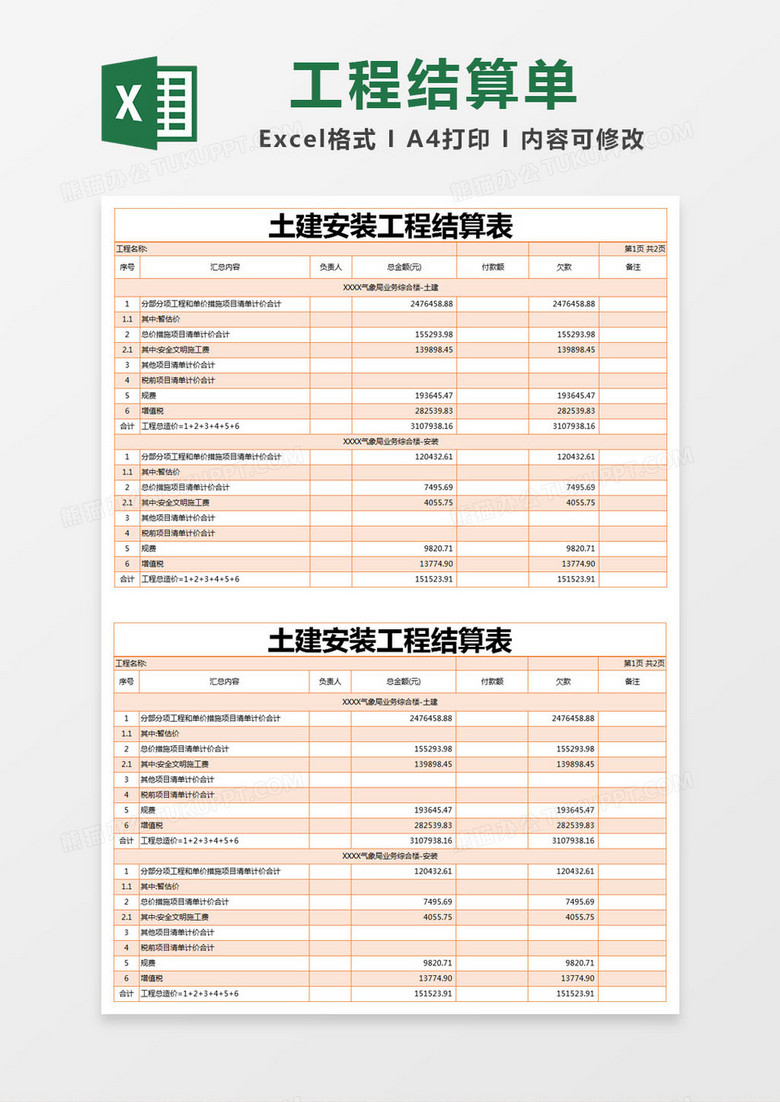橙色简约土建安装工程结算表excel模版