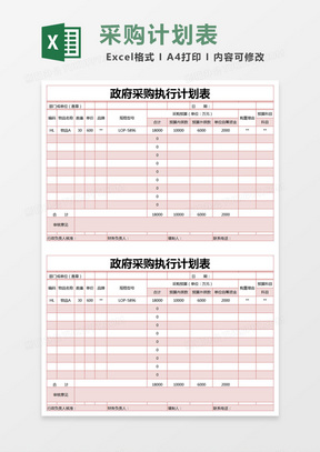 红色简约政府采购执行计划表excel模版