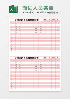 红色简约公司面试人员名单统计表excel模版