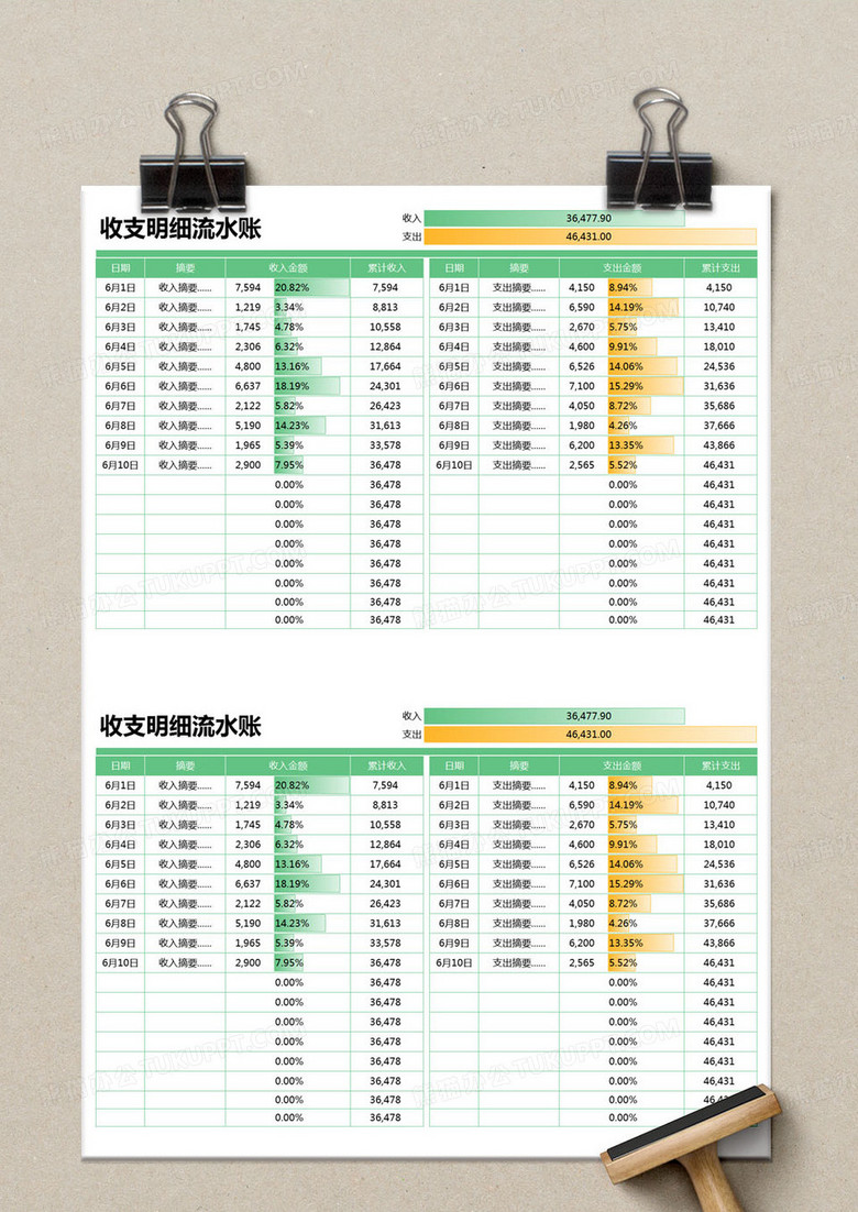 简约收支明细流水账明细表excel模版