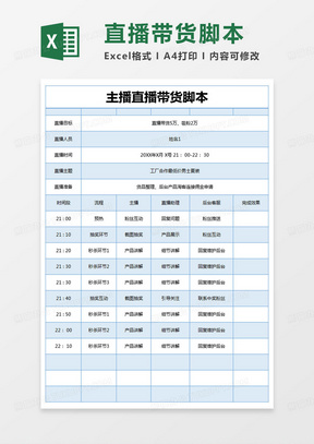 简约短视频主播直播带货脚本excel模版