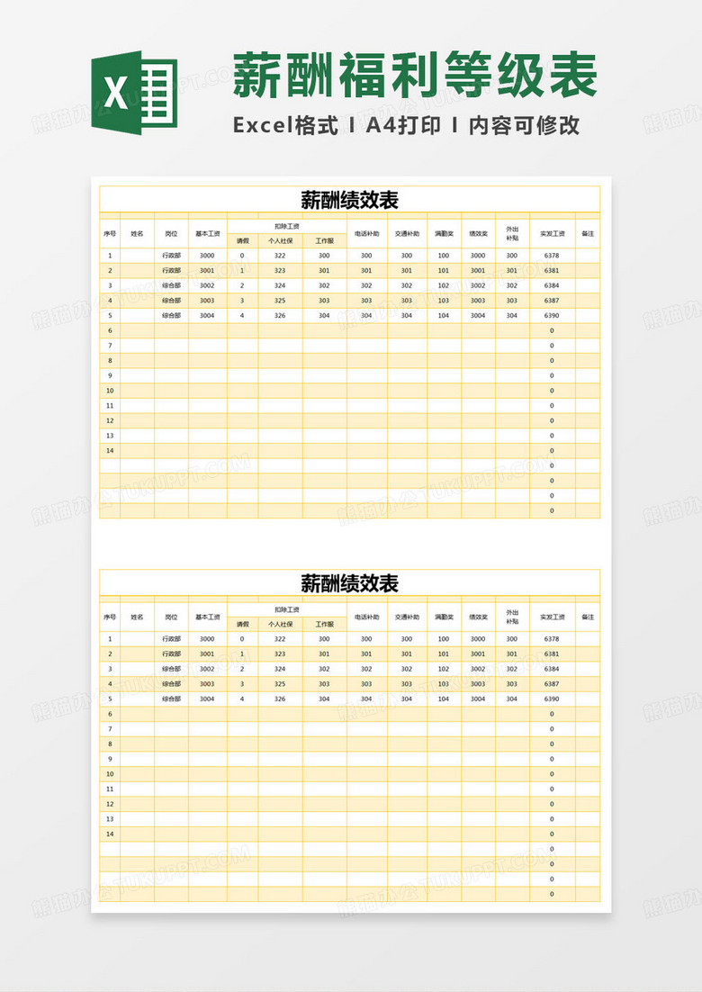 简约薪酬绩效表excel模版