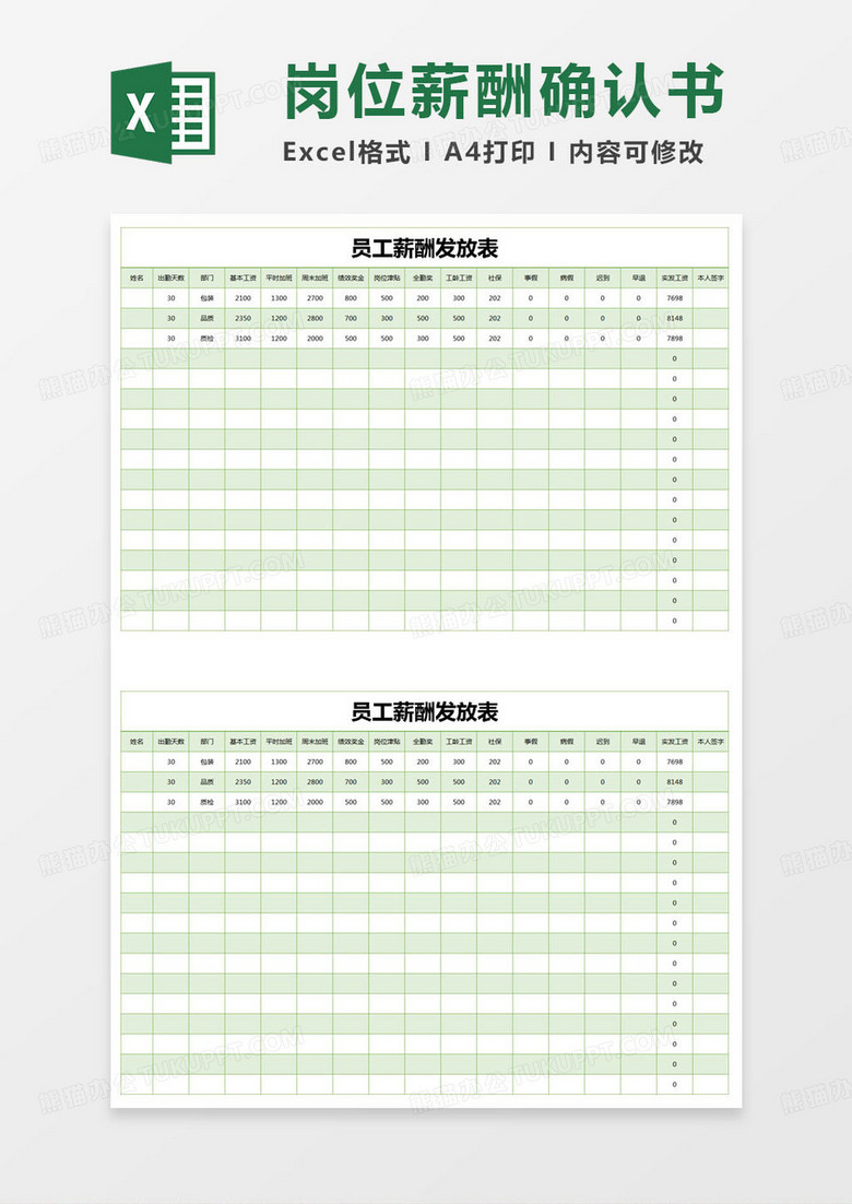 简约员工薪酬发放表excel模版