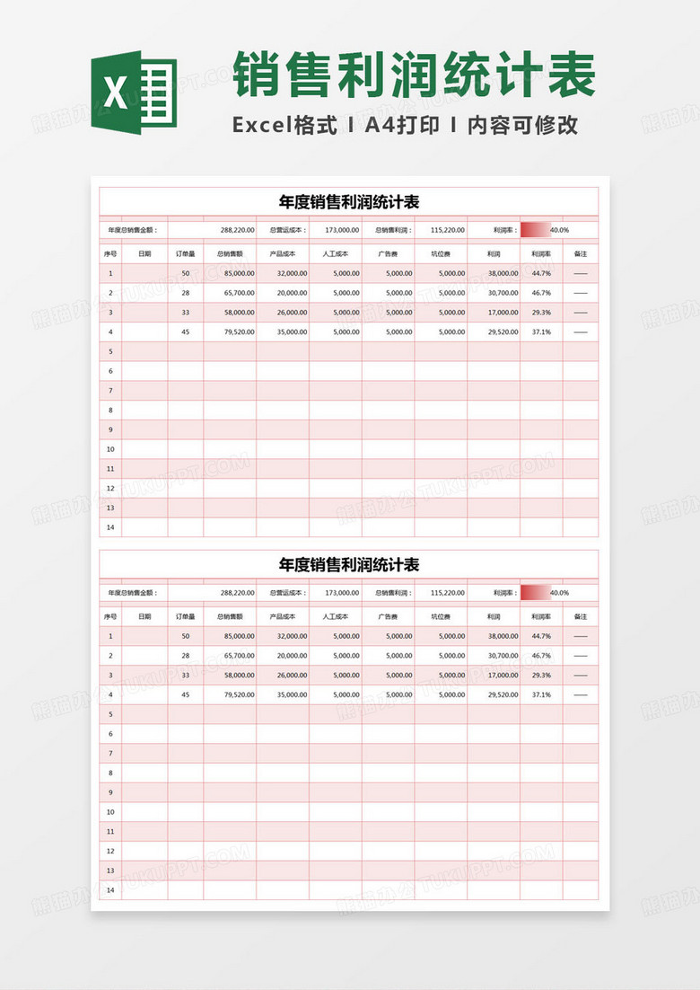 简约年度销售利润统计表excel模版