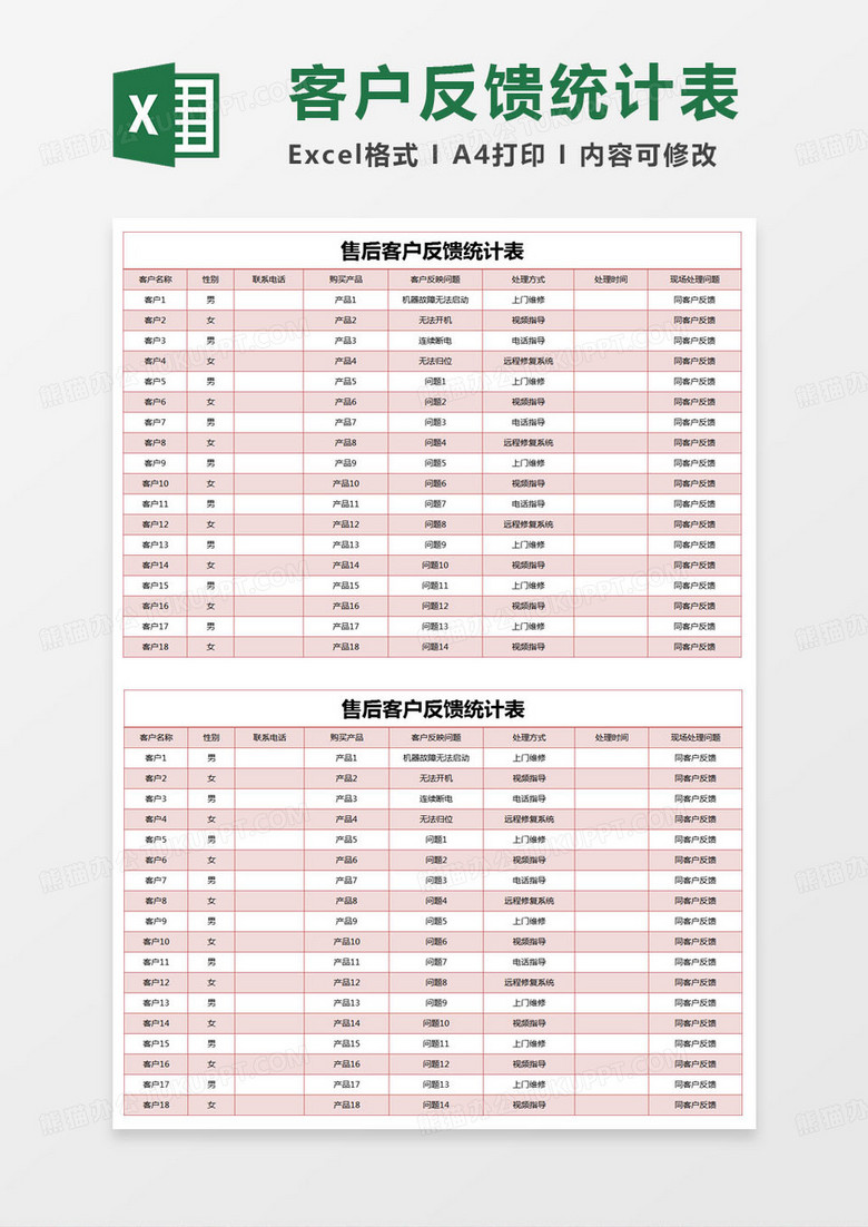 简约售后客户反馈统计表excel模版