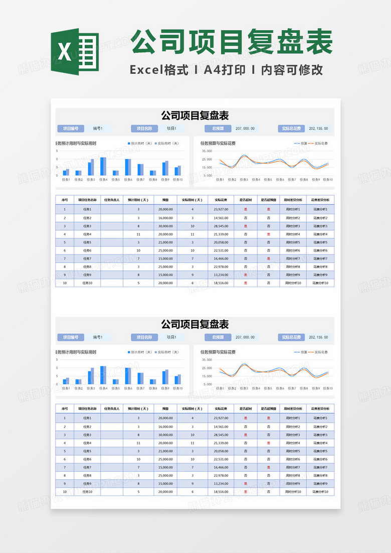 简约公司工程项目复盘表excel模版