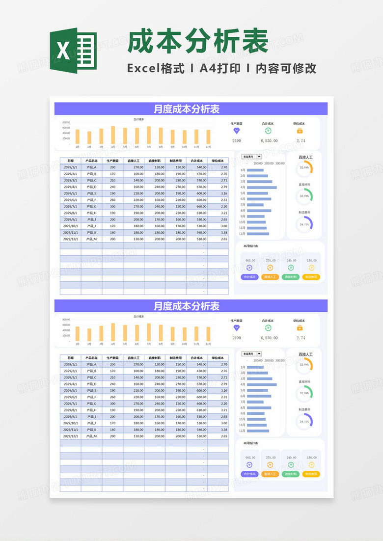 简约月度成本分析表excel模版