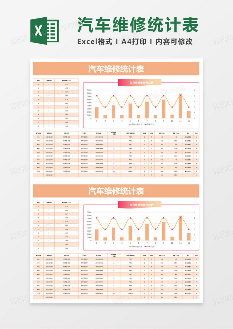 简约汽车维修统计表Excel模版