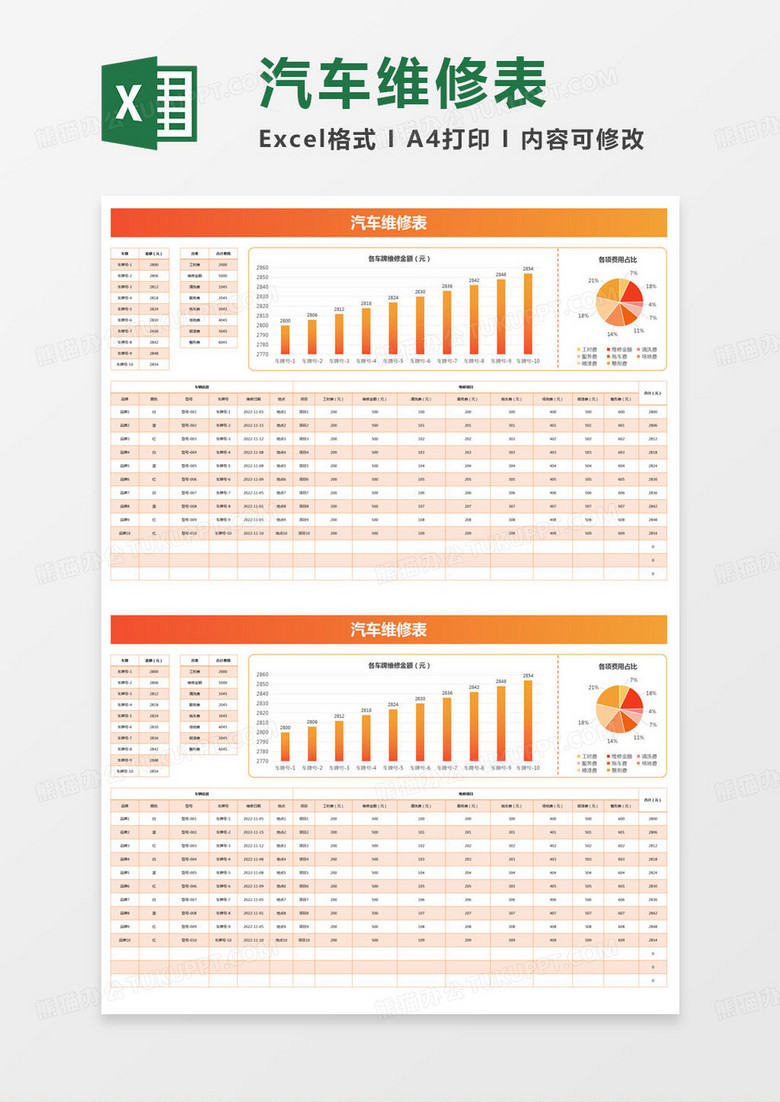 简约员工汽车维修表Excel模版