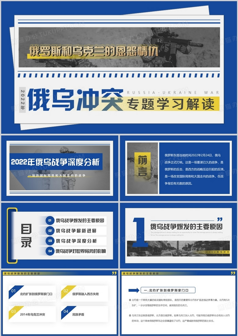 蓝色简约俄乌冲突专题学习解读PPT模板