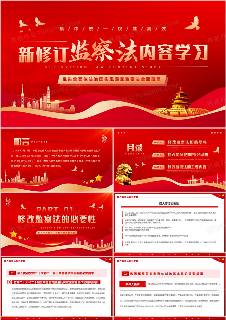 红色简约风新修订监察法内容学习PPT模板