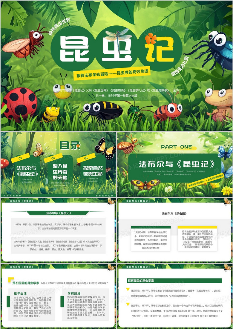 绿色插画风昆虫记阅读推荐PPT模板