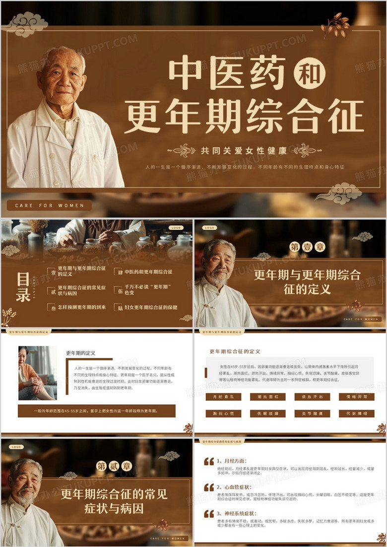 棕色简约风中医药和更年期综合征PPT模板