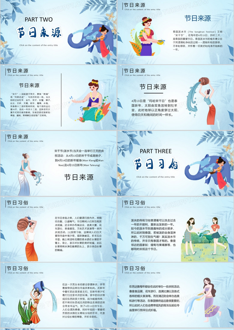 蓝色卡通风泼水节介绍ppt模板