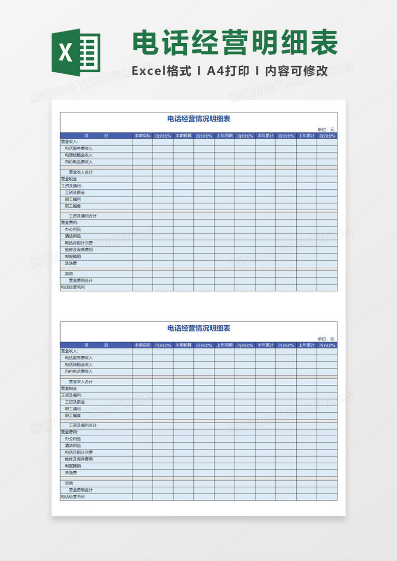 财务报表电话经营情况明细表Excel模板