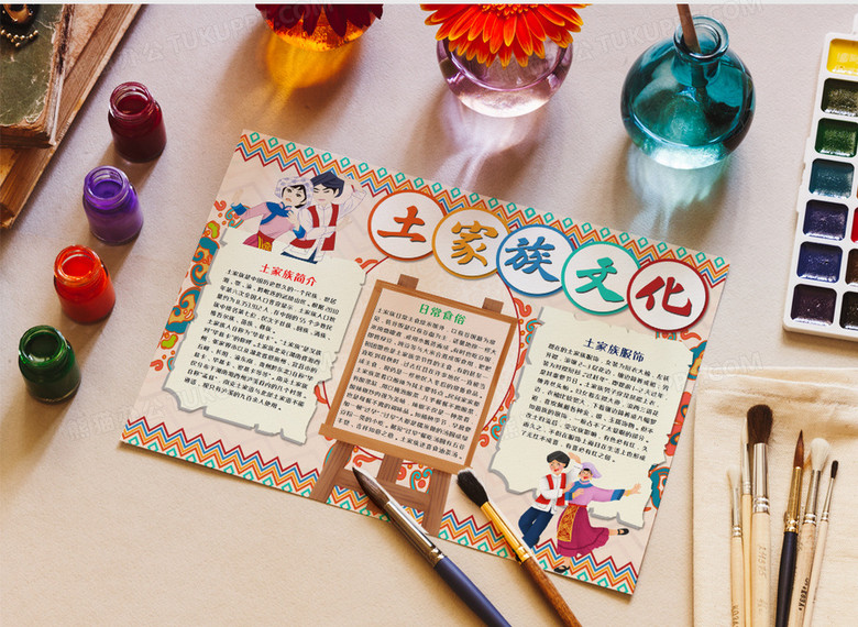 本作品全称为《卡通风土家族文化习俗小报word模板》,主要应用