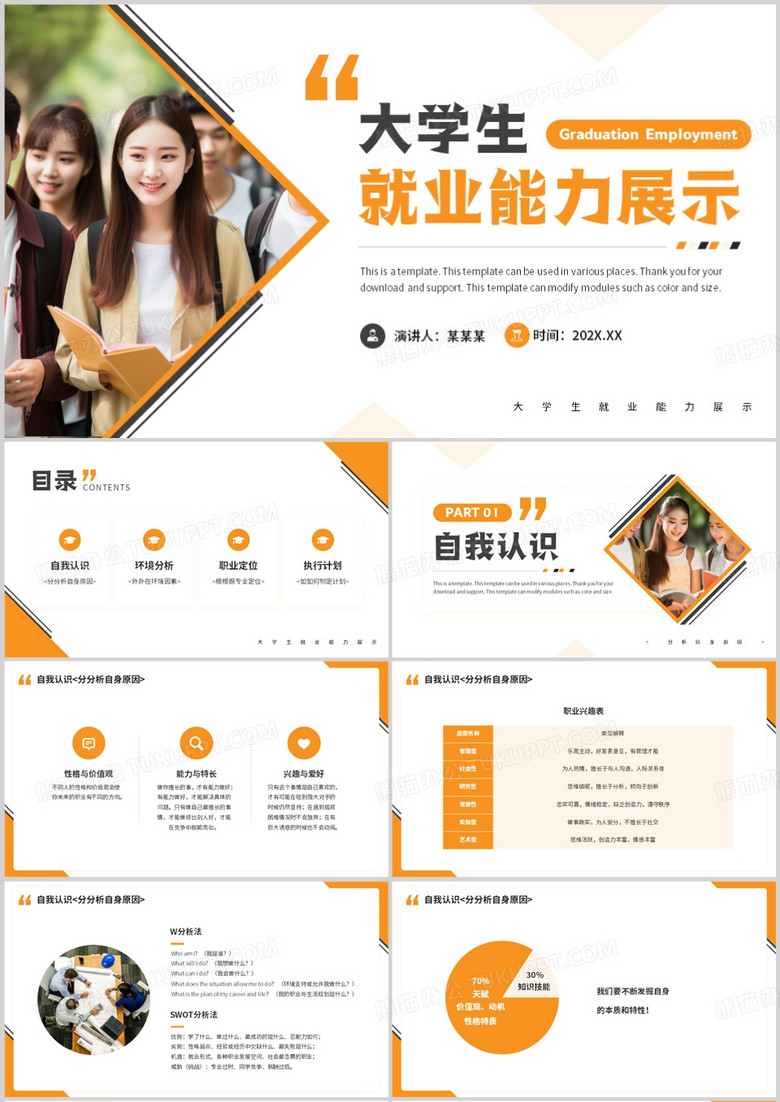 黄色简约风大学生就业能力展示PPT模板
