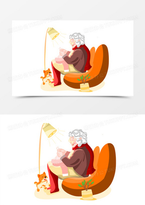 卡通老奶奶缝补衣服素材