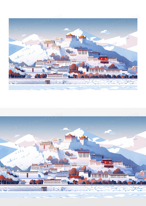 西藏拉萨白色布达拉宫建筑插画