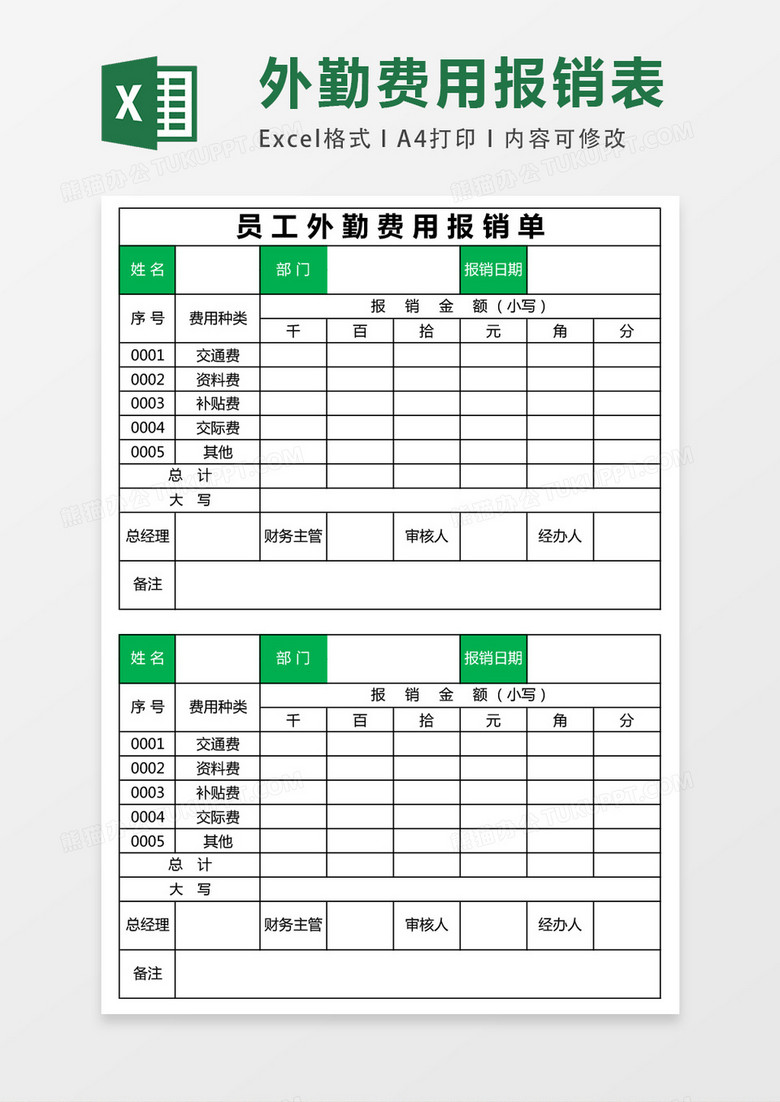 员工外勤费用报销单excel表格模板