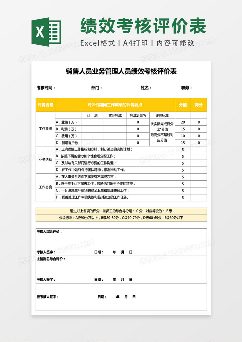 销售人员业务管理人员绩效考核评价表excel表格模板