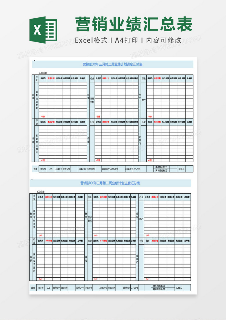 营销业绩进度汇总表excel表格模板