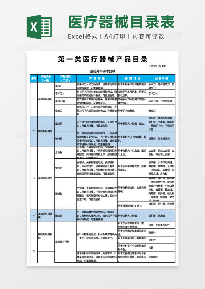 新医疗器械产品目录excel表格模板