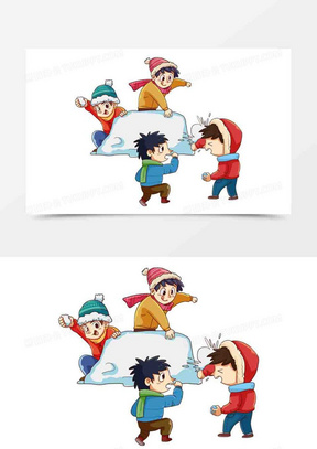 200寒假生活儿童打雪仗人物元素90扁平冬季户外打雪仗素材1193手绘