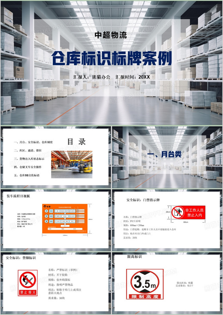 灰色简约风仓库标识标牌案例PPT模板