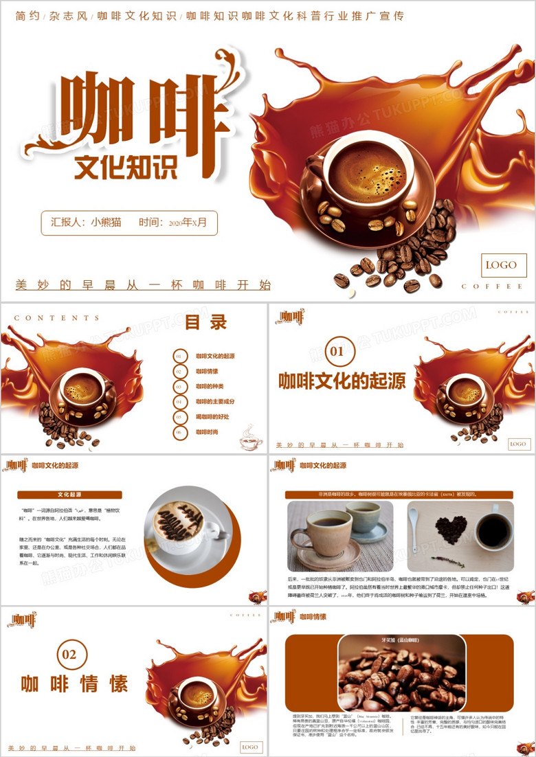 简约杂志风咖啡文化知识咖啡知识咖啡文化科普行业推广宣传通用PPT模板