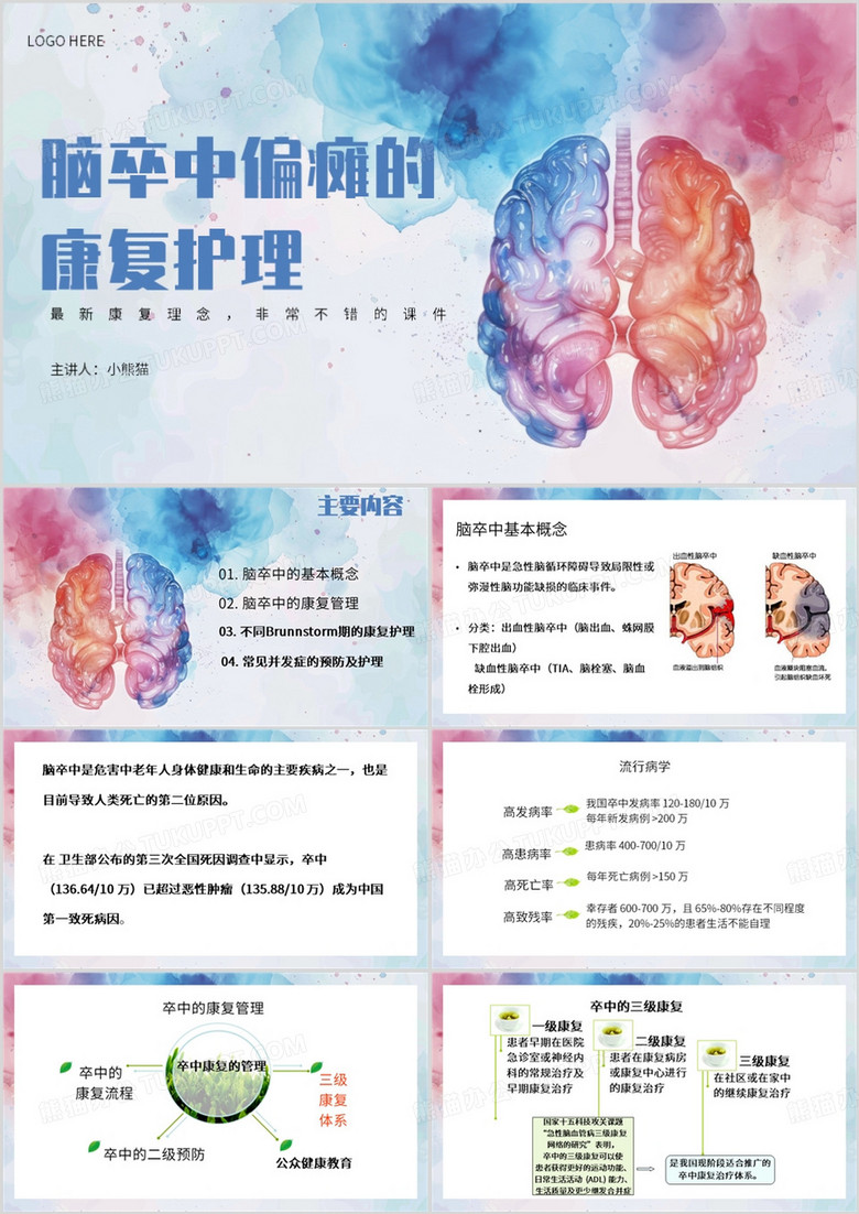 蓝色简约风脑卒中偏瘫的康复护理PPT模板