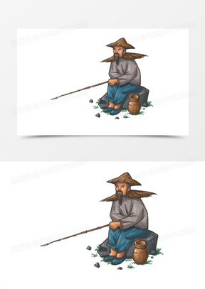 老者垂钓原创插画素材